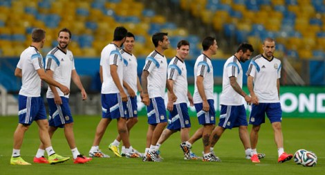 Argentine national soccer team players enter the pitch for a training session for the 2014 World Cup at the Maracana stadium in Rio de Janeiro